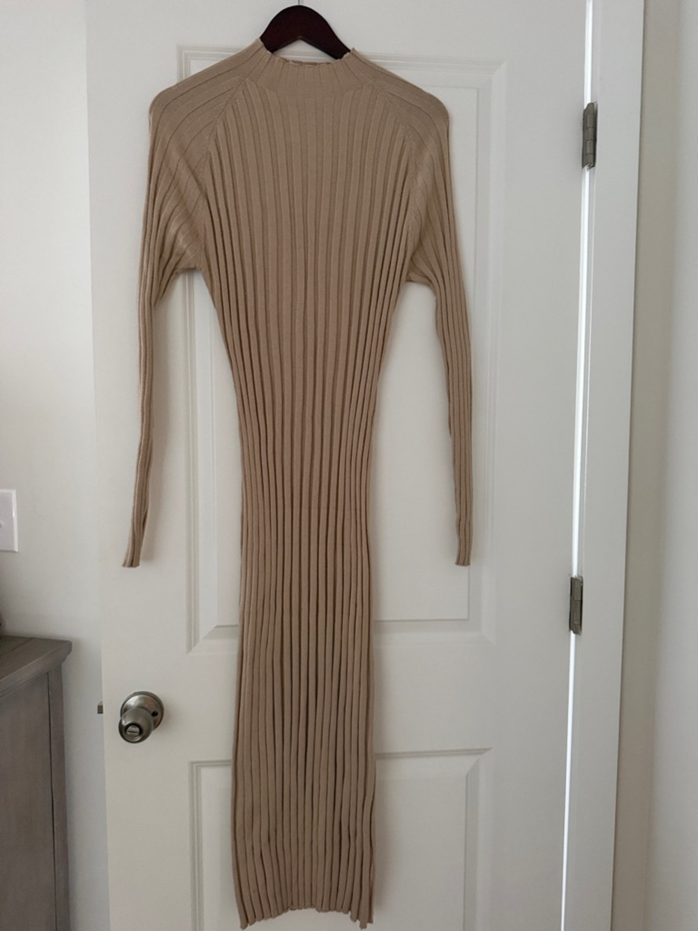 Ribbed Long-Sleeve Midi Dress in Taupe